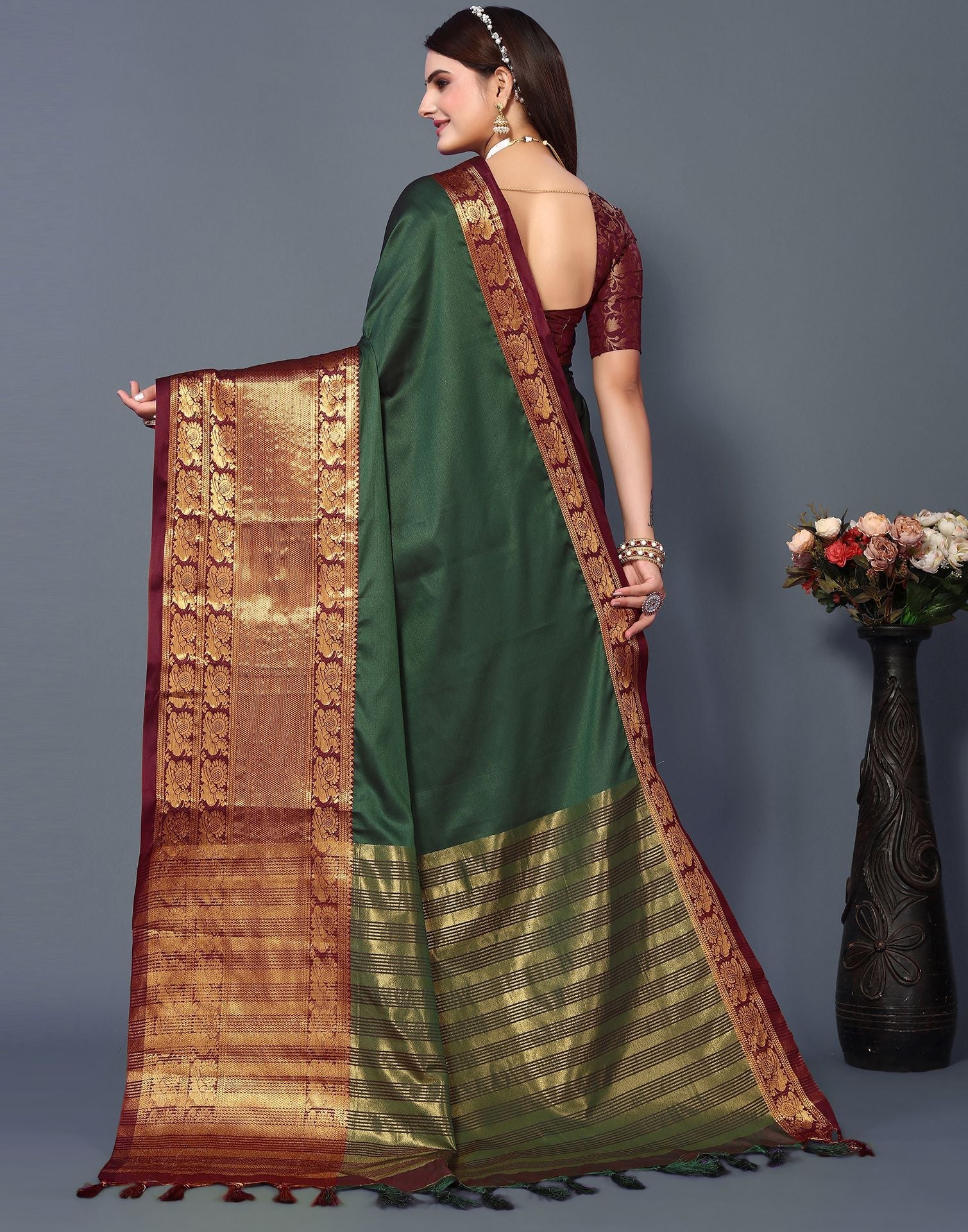 Dark Green Cotton Saree | Sudathi