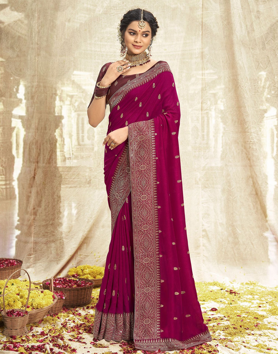 Maroon Embroidery Banarasi Silk Saree | Sudathi