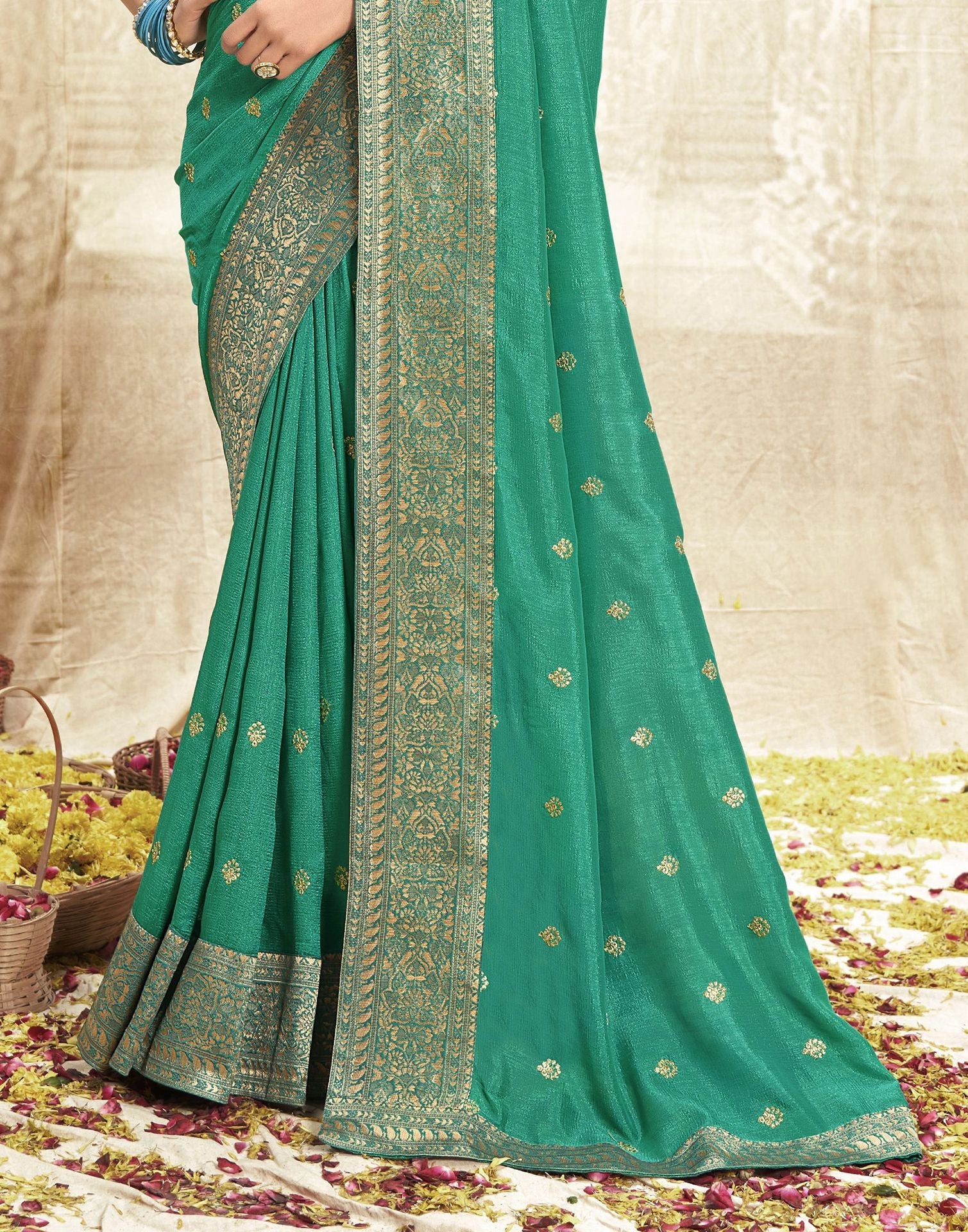 Rama Green Embroidery Banarasi Silk Saree | Sudathi