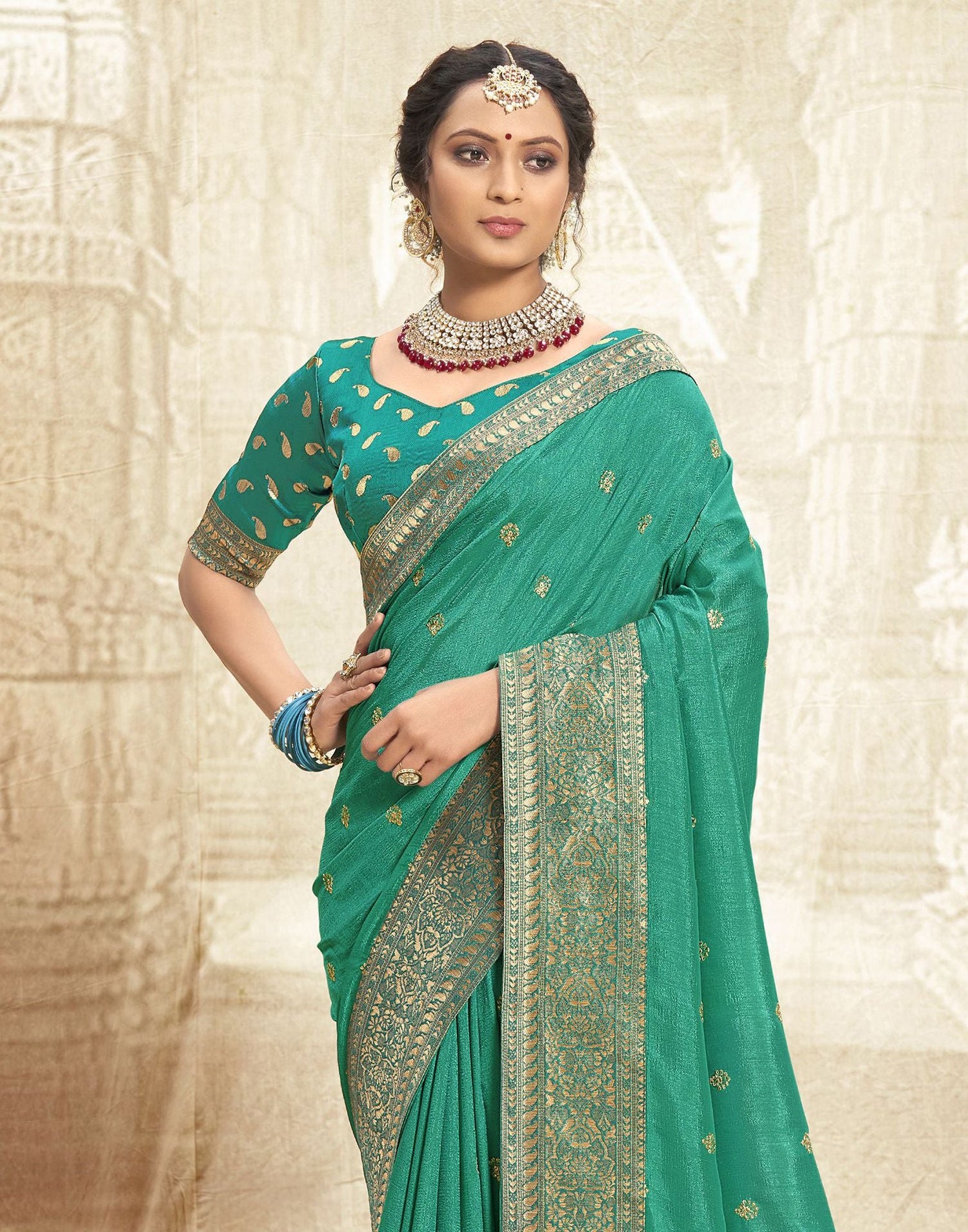 Rama Green Embroidery Banarasi Silk Saree | Sudathi