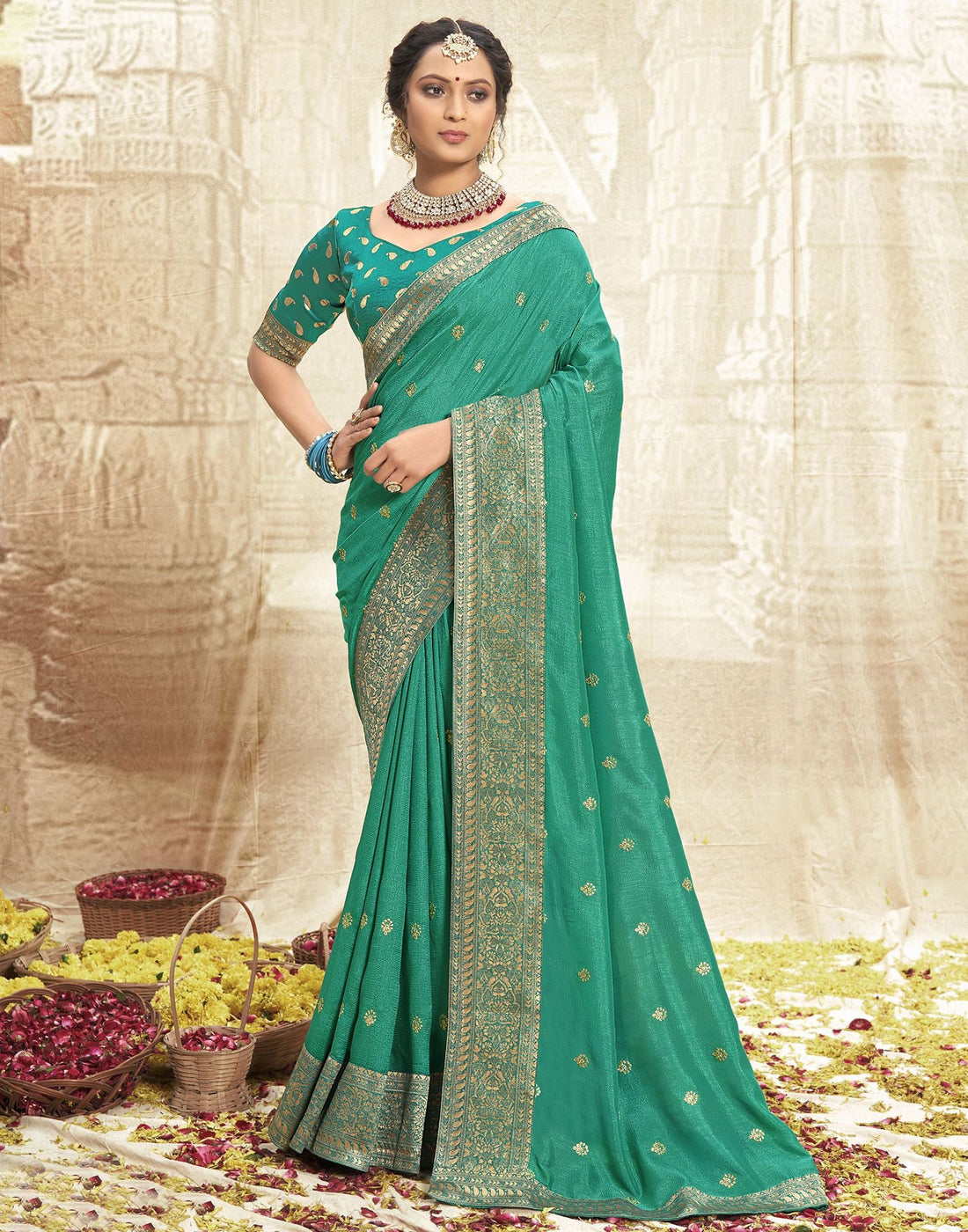 Rama Green Embroidery Banarasi Silk Saree | Sudathi