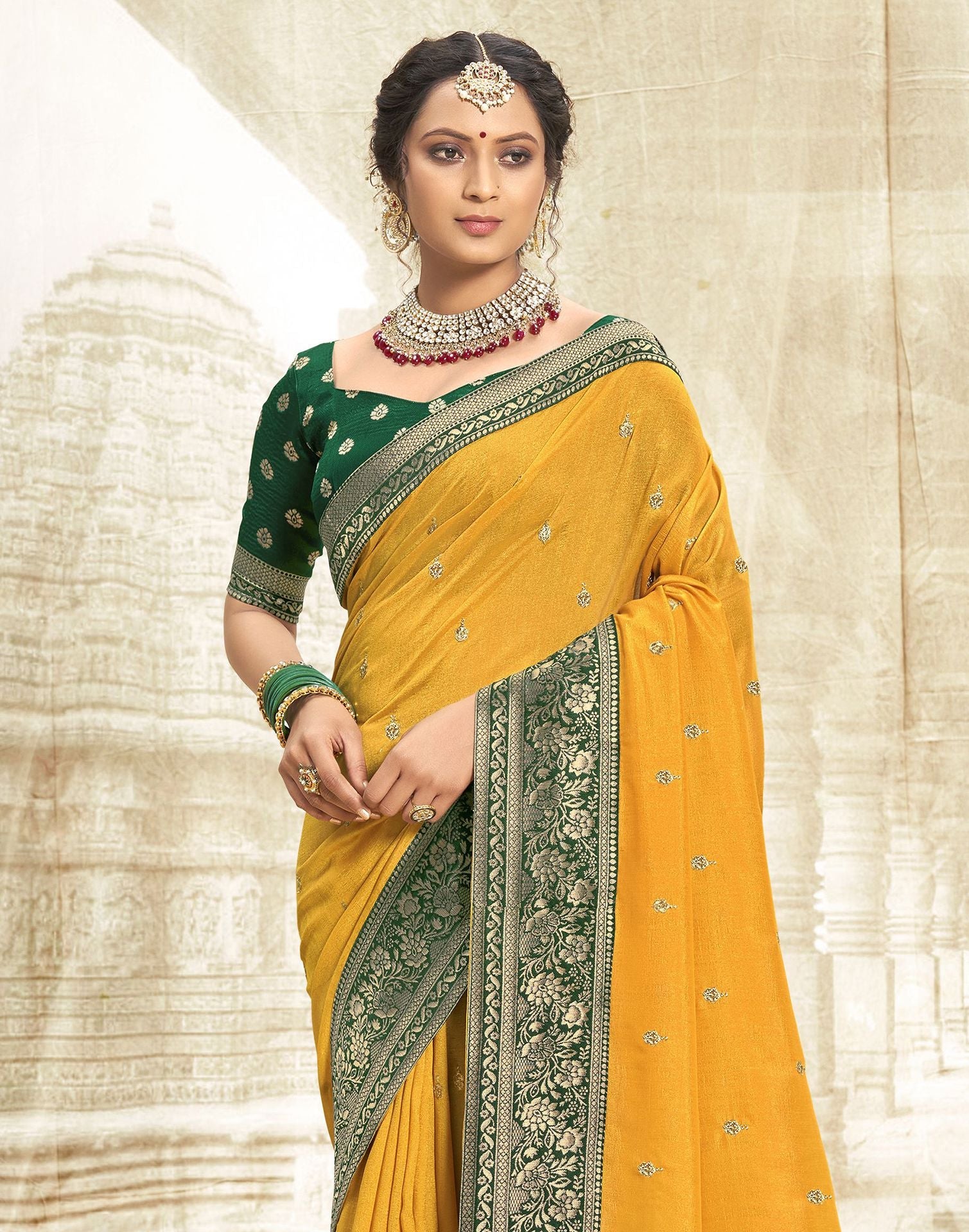 Yellow Embroidery Banarasi Silk Saree | Sudathi