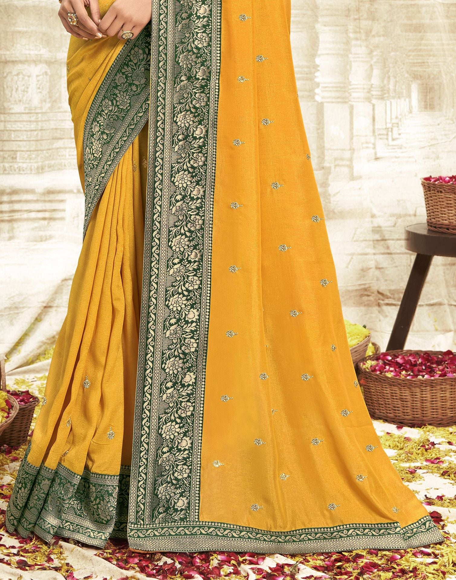 Yellow And 2024 Seagreen Banarasi Silk Saree For Woman Banarasi Saree Silk Saree Embroidered Ready to Wear