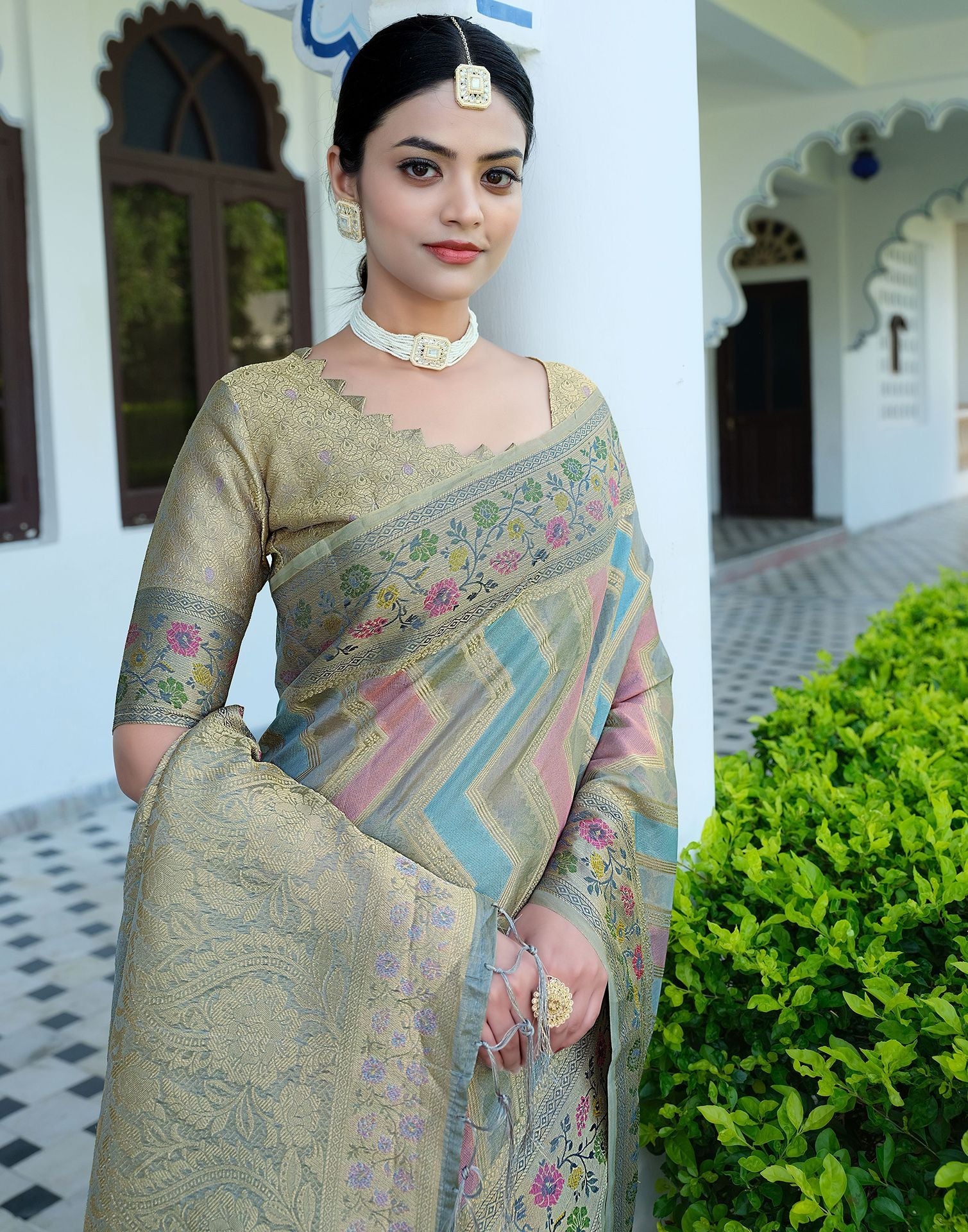 Light Grey Woven Banarasi Organza Saree | Leemboodi