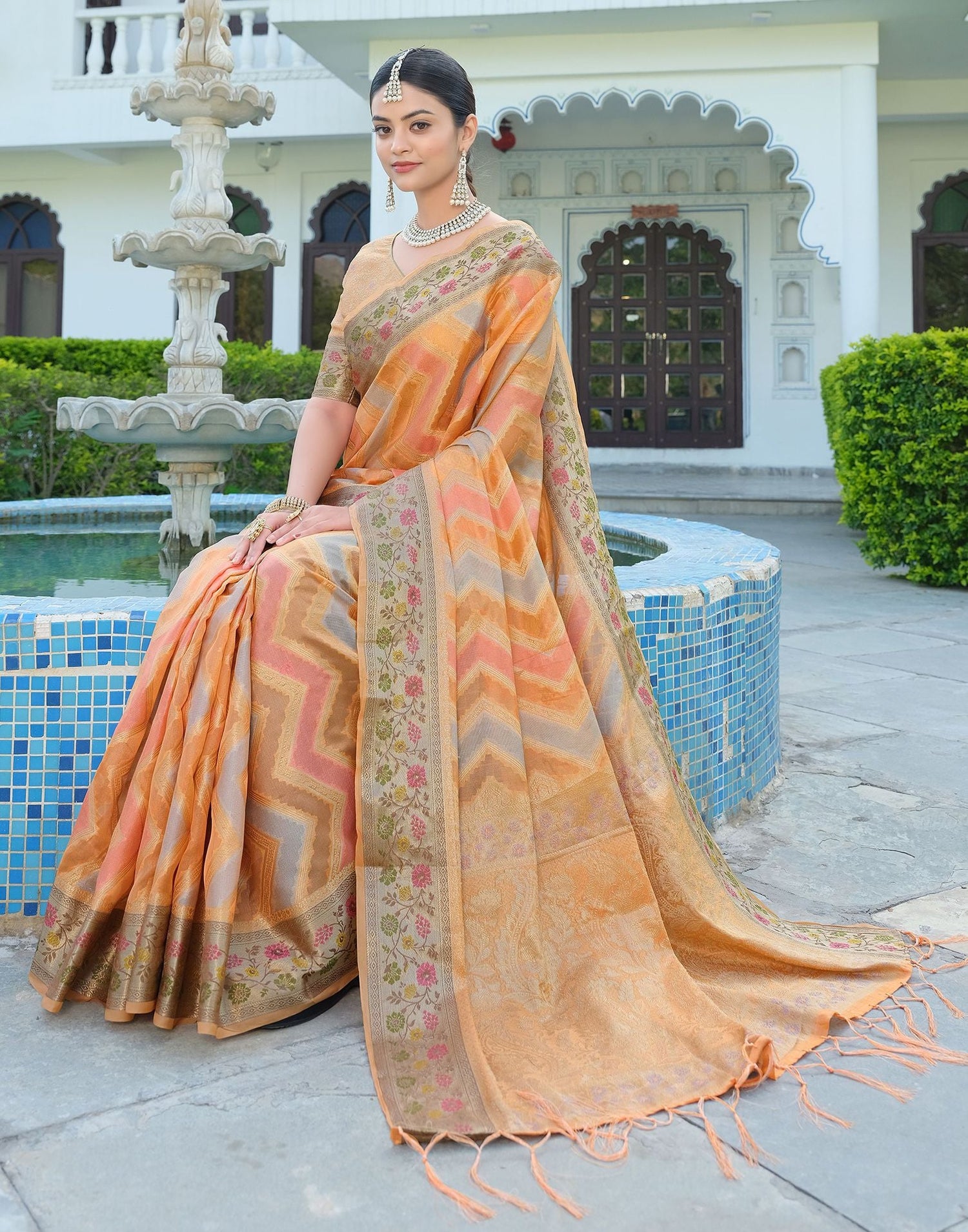 Orange Woven Banarasi Organza Saree | Leemboodi