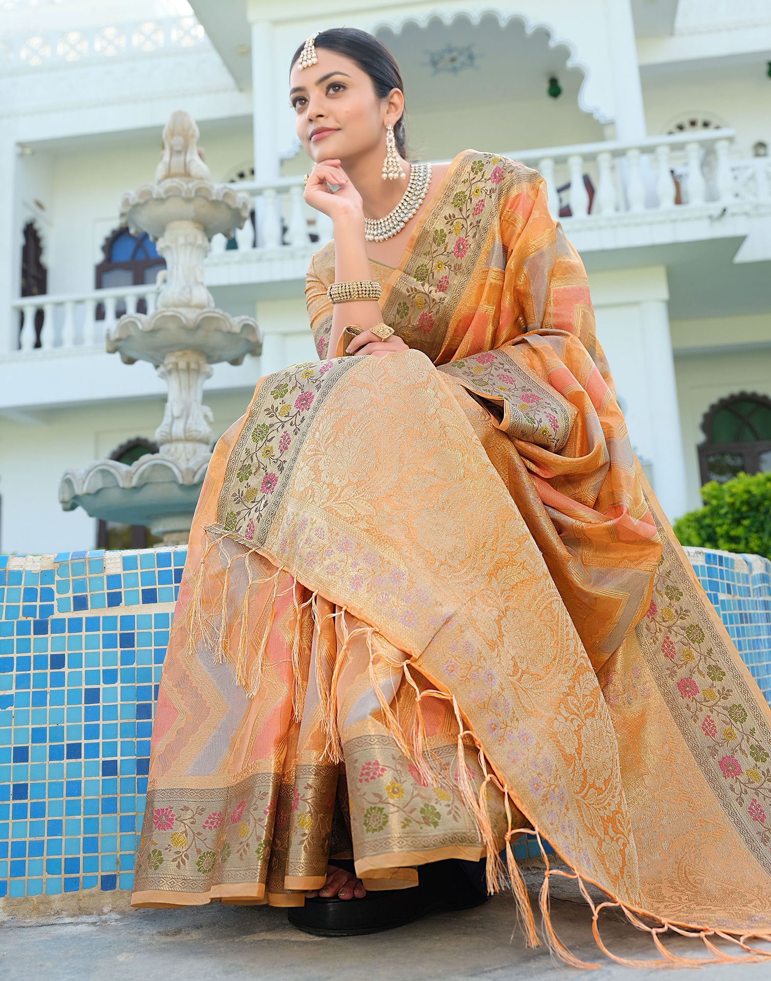 Orange Woven Banarasi Organza Saree | Leemboodi