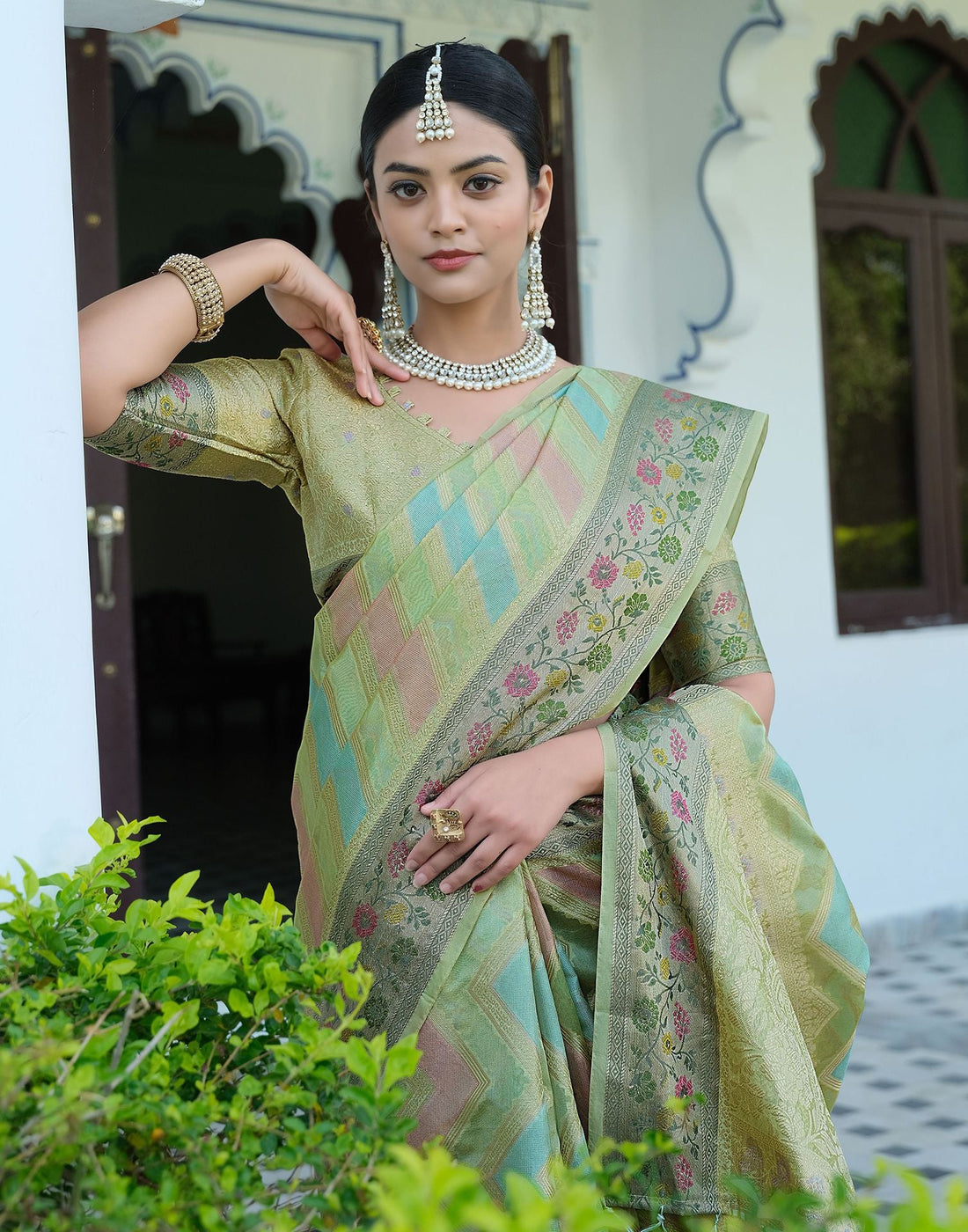 Pista Green Woven Banarasi Organza Saree | Leemboodi