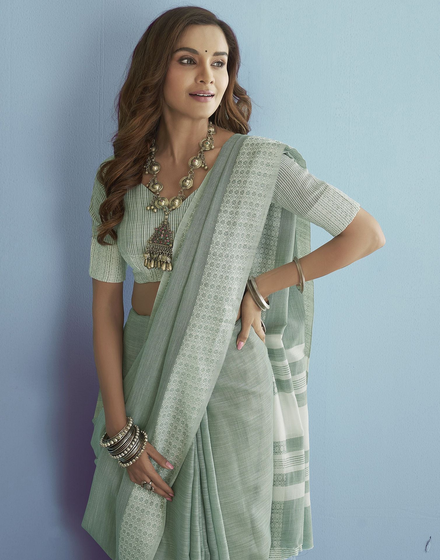 Light Green Self Woven Plain Cotton Saree | Leemboodi