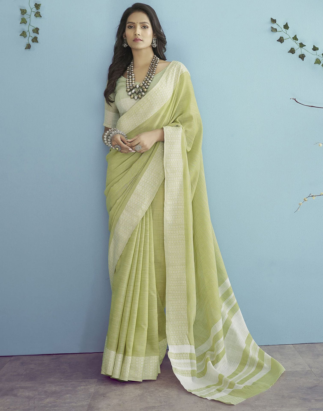 Pista Green Self Woven Plain Cotton Saree | Leemboodi