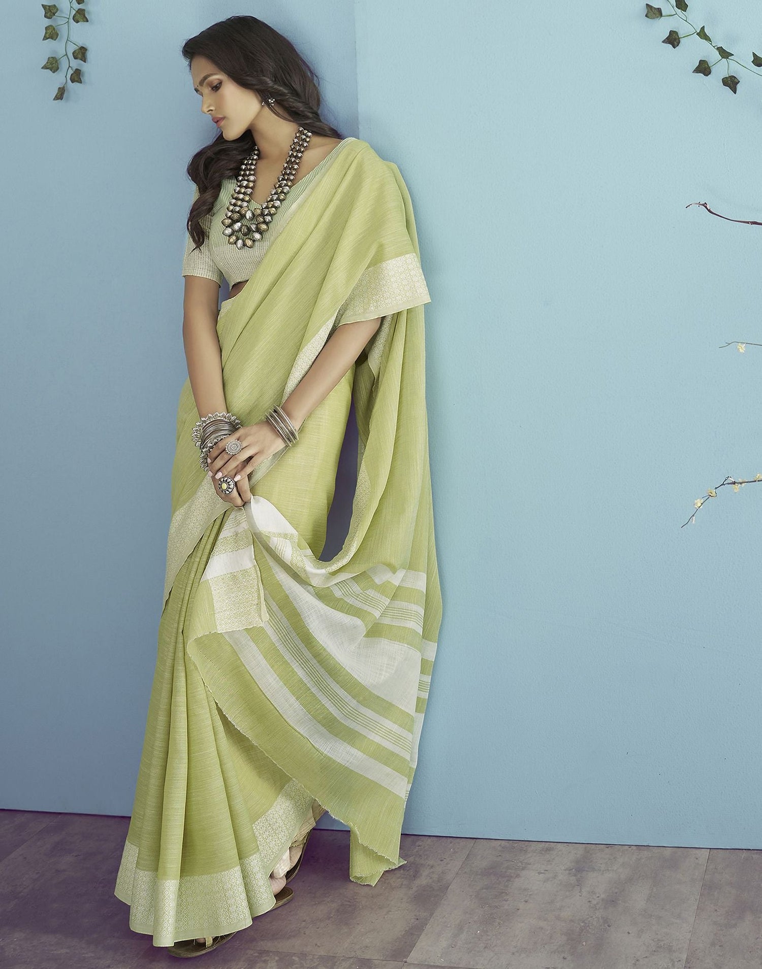 Pista Green Self Woven Plain Cotton Saree | Leemboodi