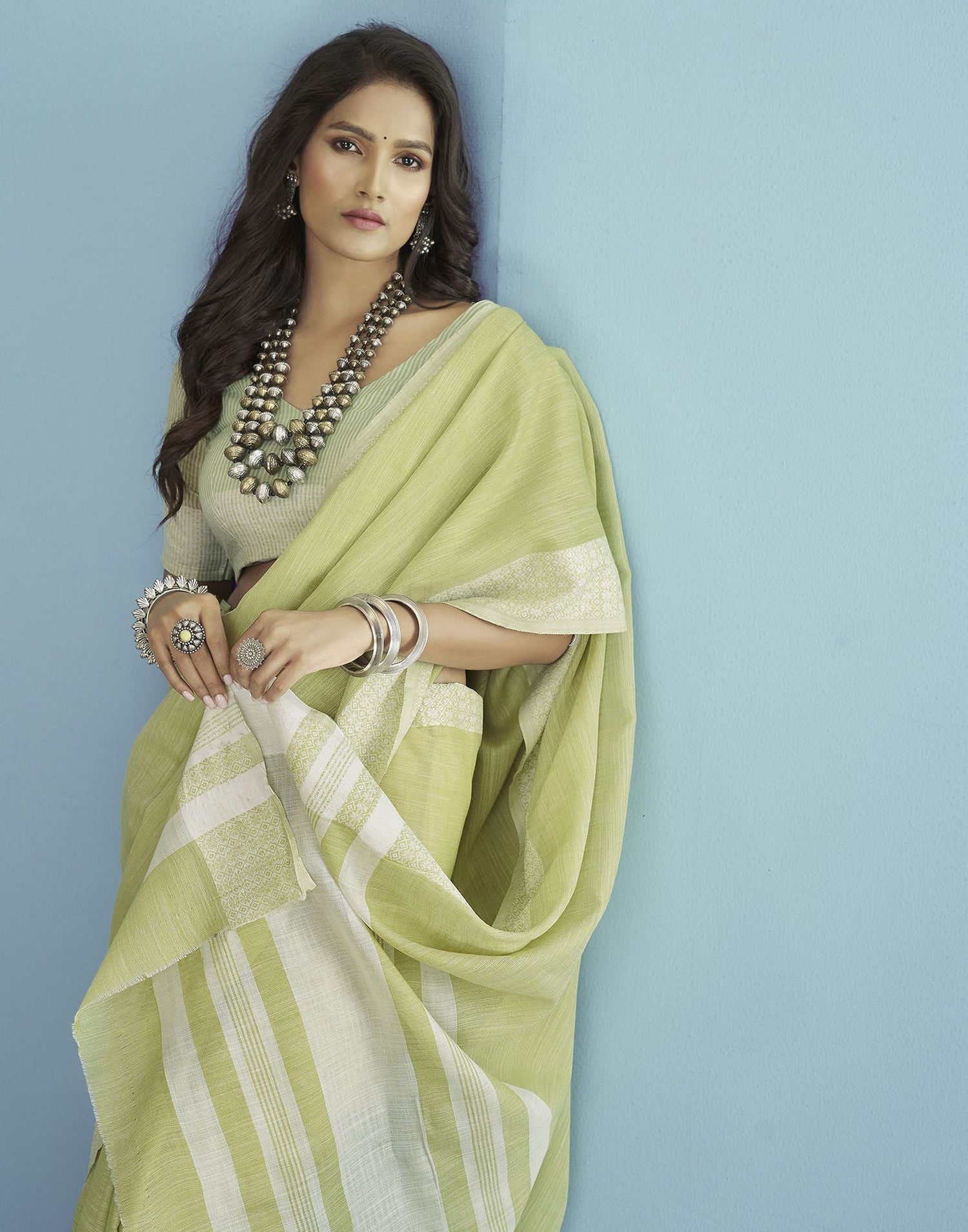 Pista Green Self Woven Plain Cotton Saree | Leemboodi