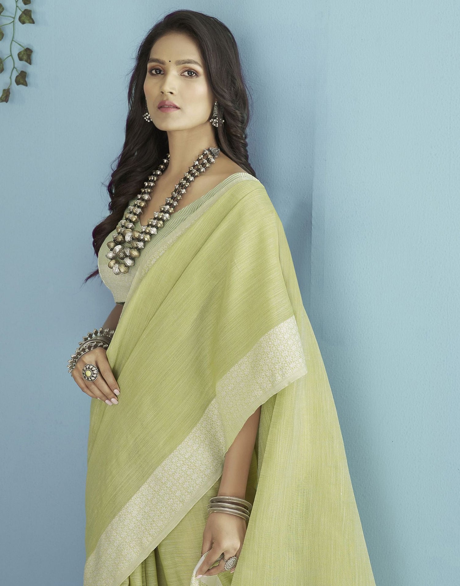 Pista Green Self Woven Plain Cotton Saree | Leemboodi