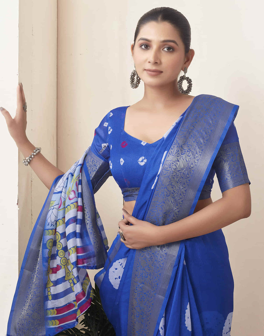 Ready To Wear  Dark Blue Voscose Bandhani Printed Saree