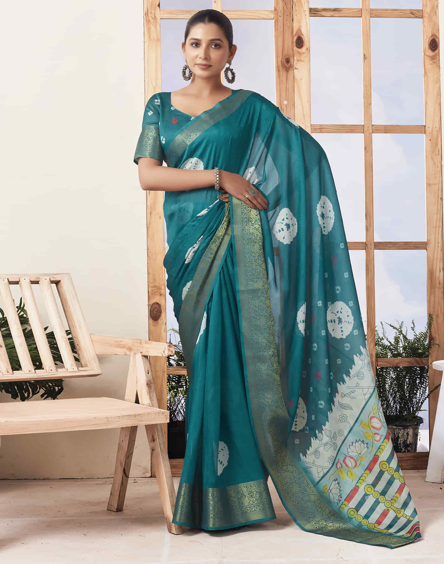 Ready To Wear  Dusty Teal Green Voscose Bandhani Printed Saree