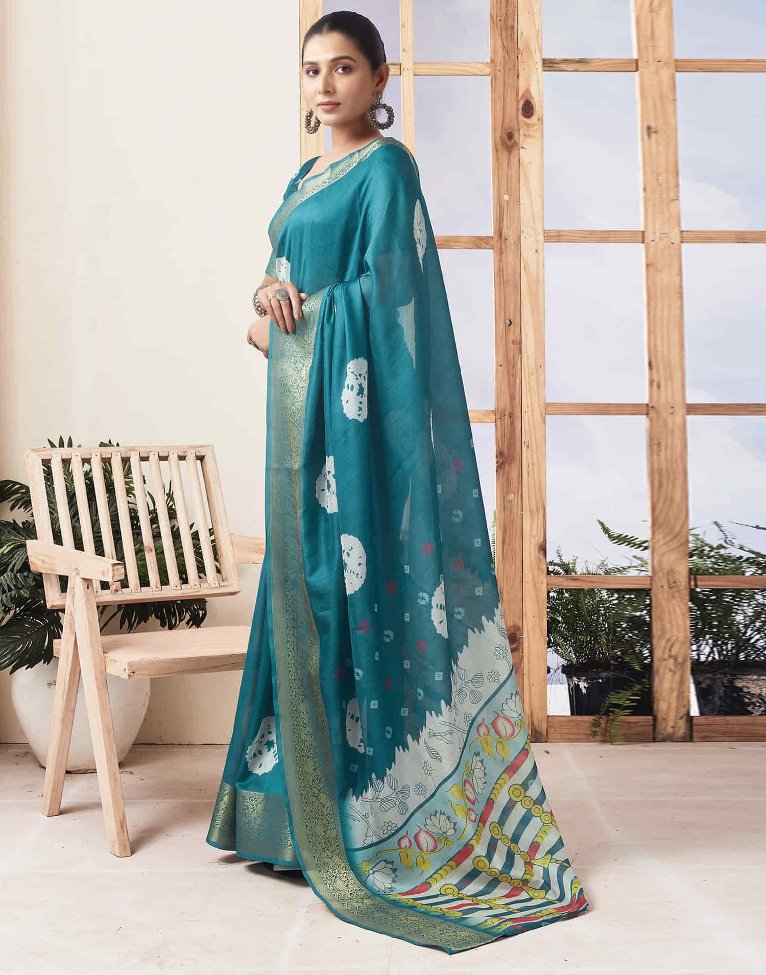 Ready To Wear  Dusty Teal Green Voscose Bandhani Printed Saree