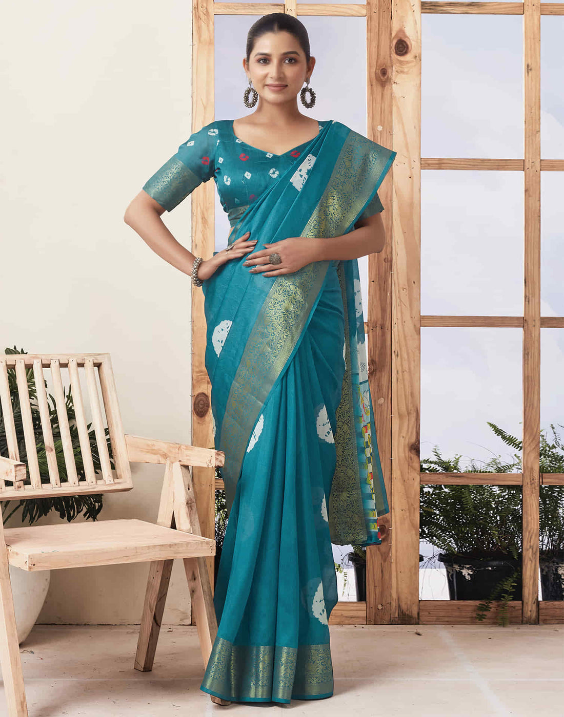 Ready To Wear  Dusty Teal Green Voscose Bandhani Printed Saree