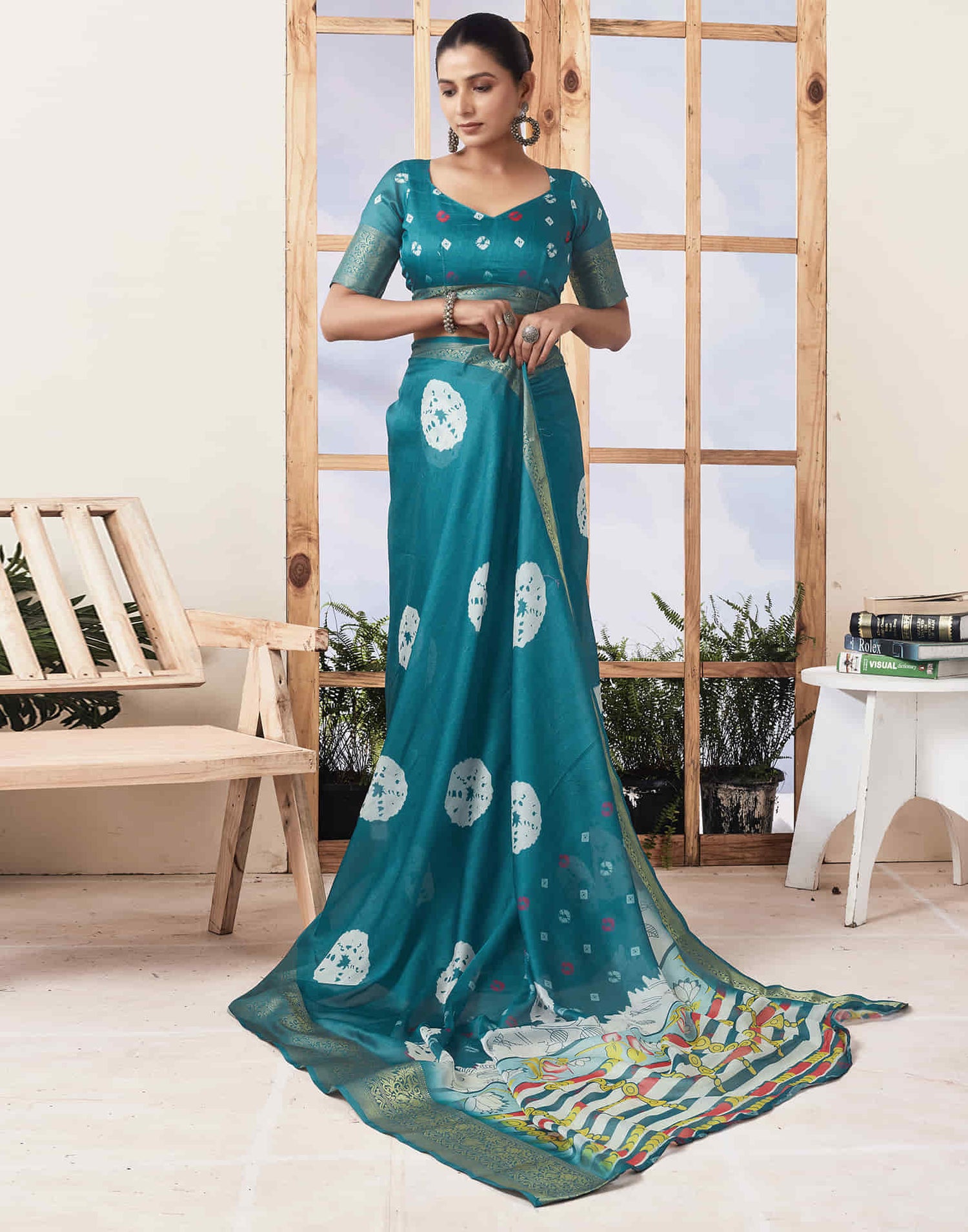 Ready To Wear  Dusty Teal Green Voscose Bandhani Printed Saree