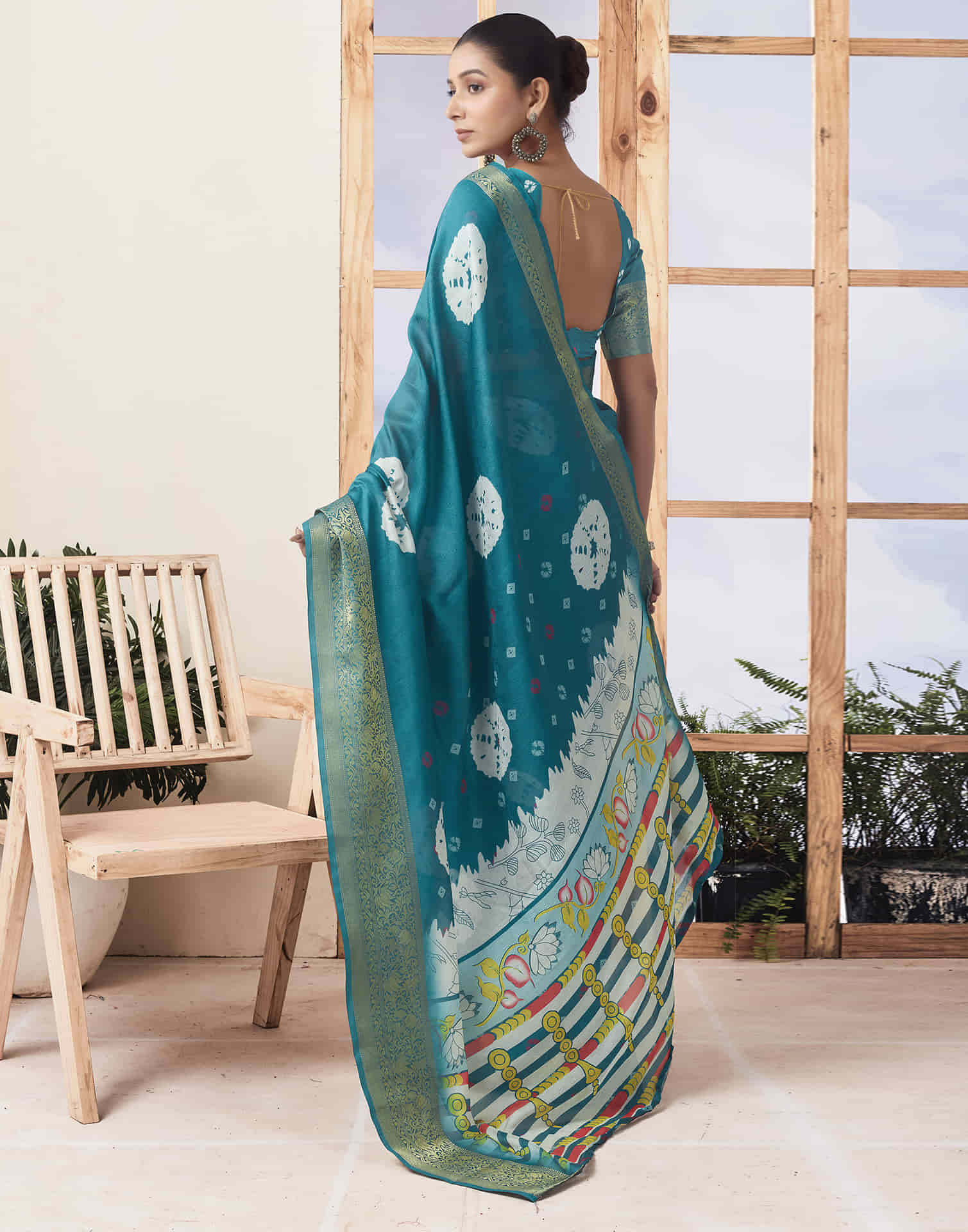 Ready To Wear  Dusty Teal Green Voscose Bandhani Printed Saree