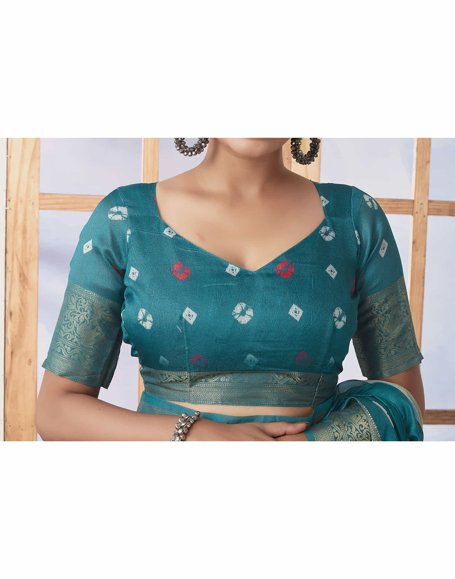 Ready To Wear  Dusty Teal Green Voscose Bandhani Printed Saree