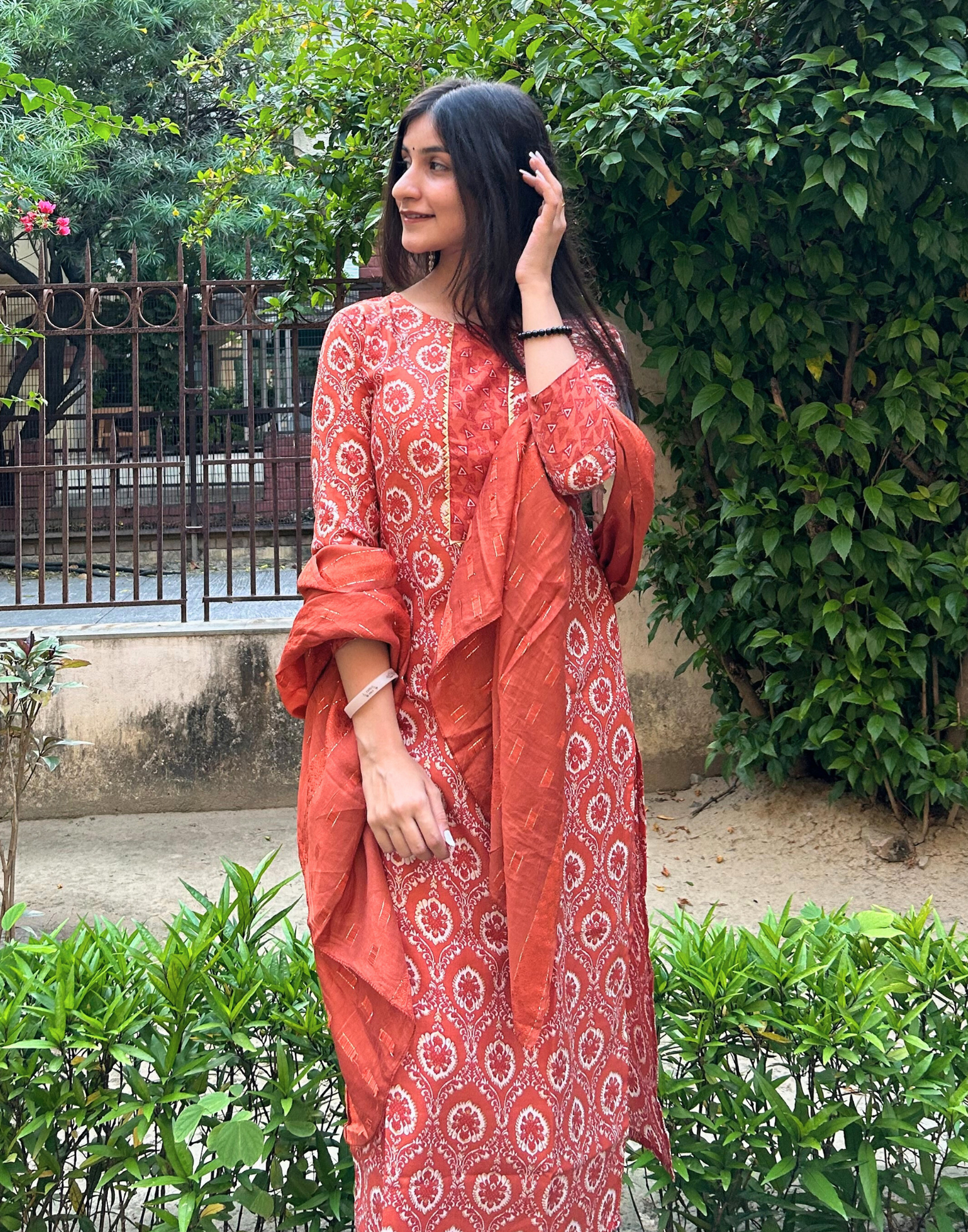 Orange Cotton Printed Straight Kurta With Pant And Dupatta