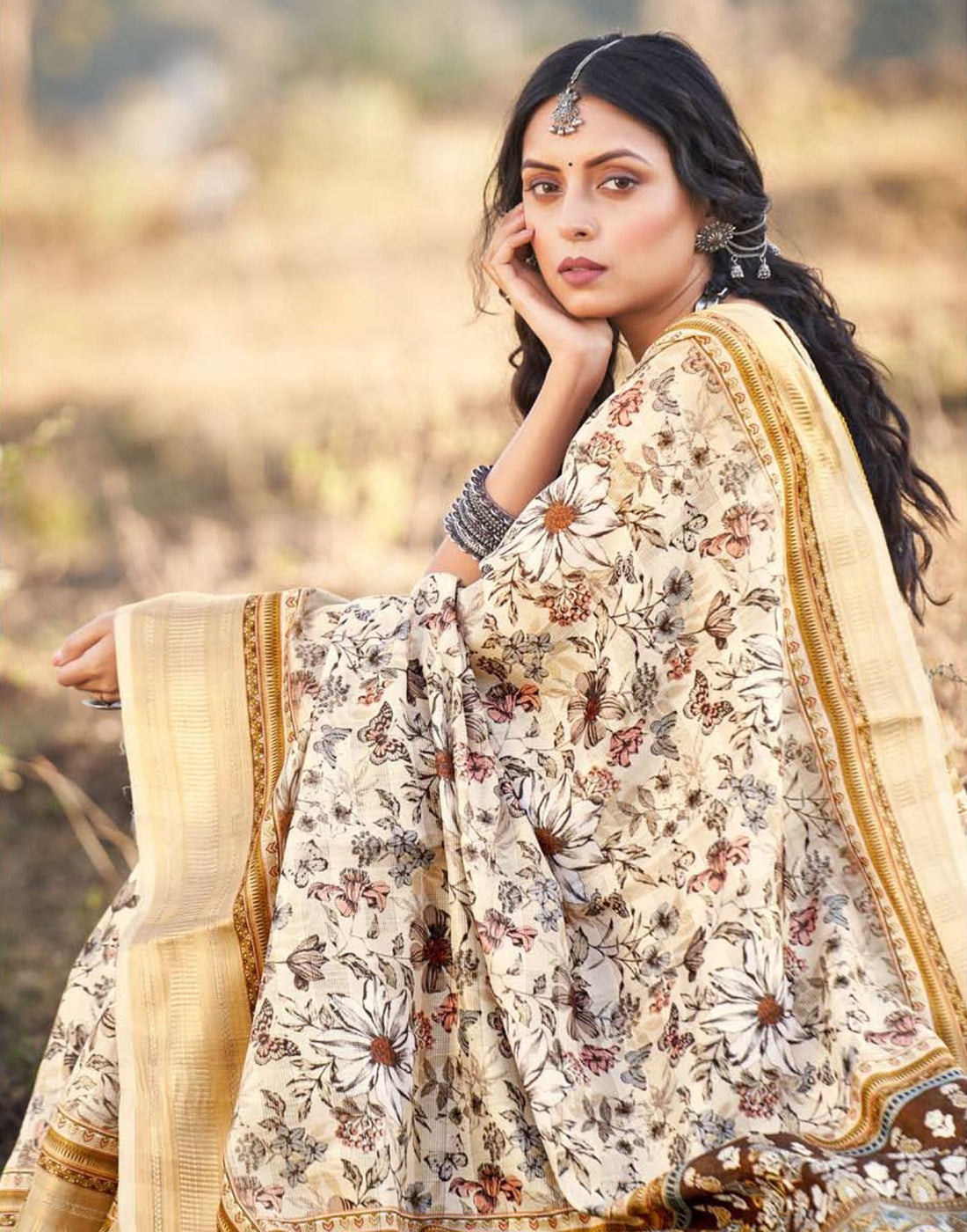 Cream Cotton Floral Printed Saree With Tassel | Leemboodi