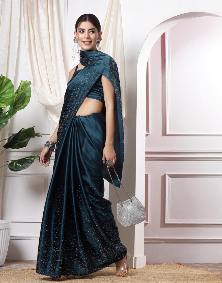 Teal Blue Swarovski Silk Saree