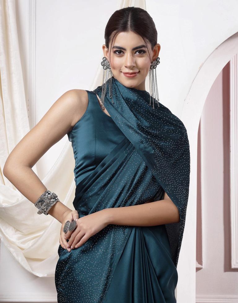 Teal Blue Swarovski Silk Saree