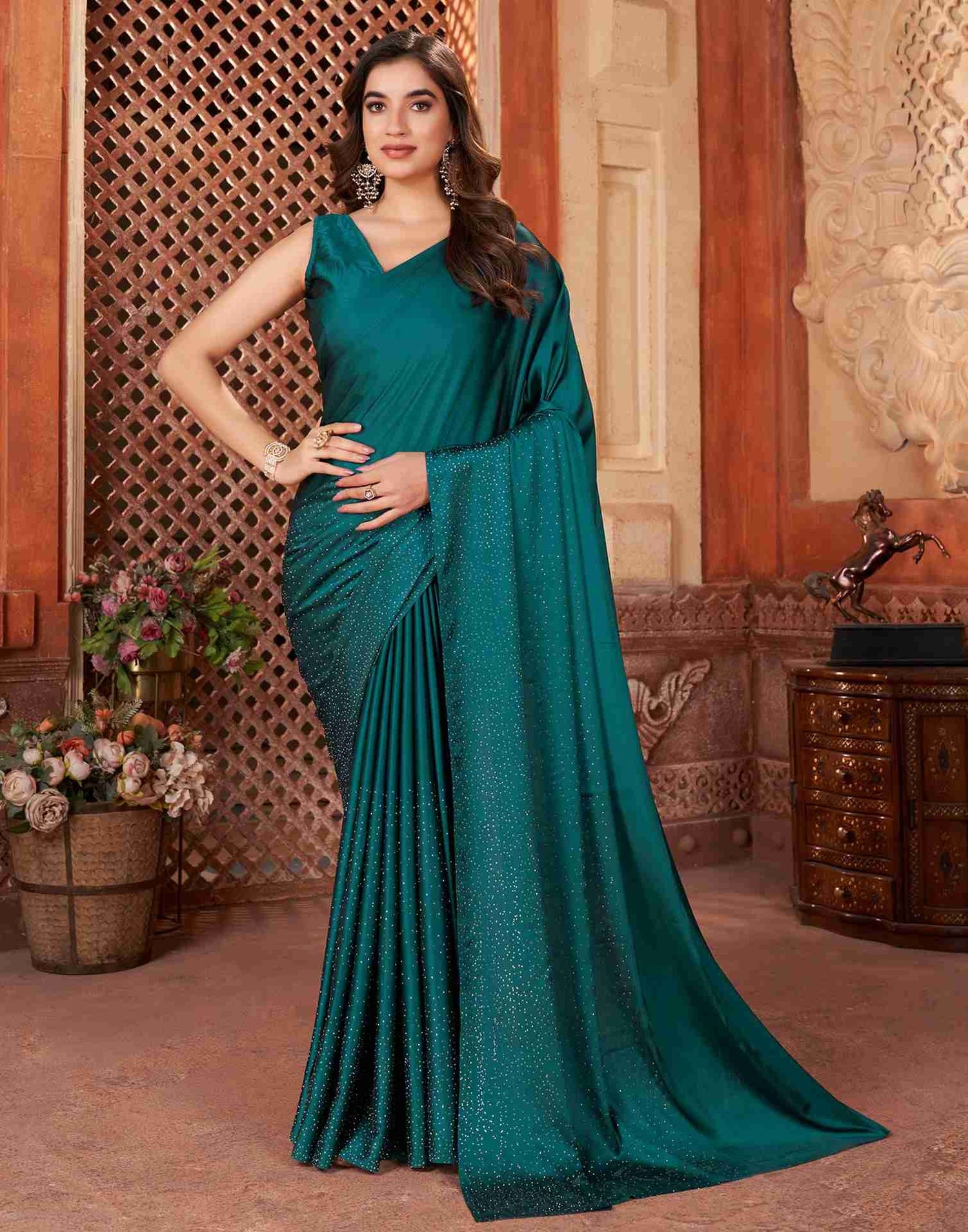 Green Satin Plain Saree