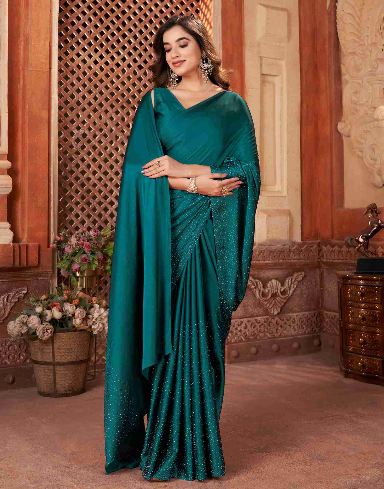 Green Satin Plain Saree