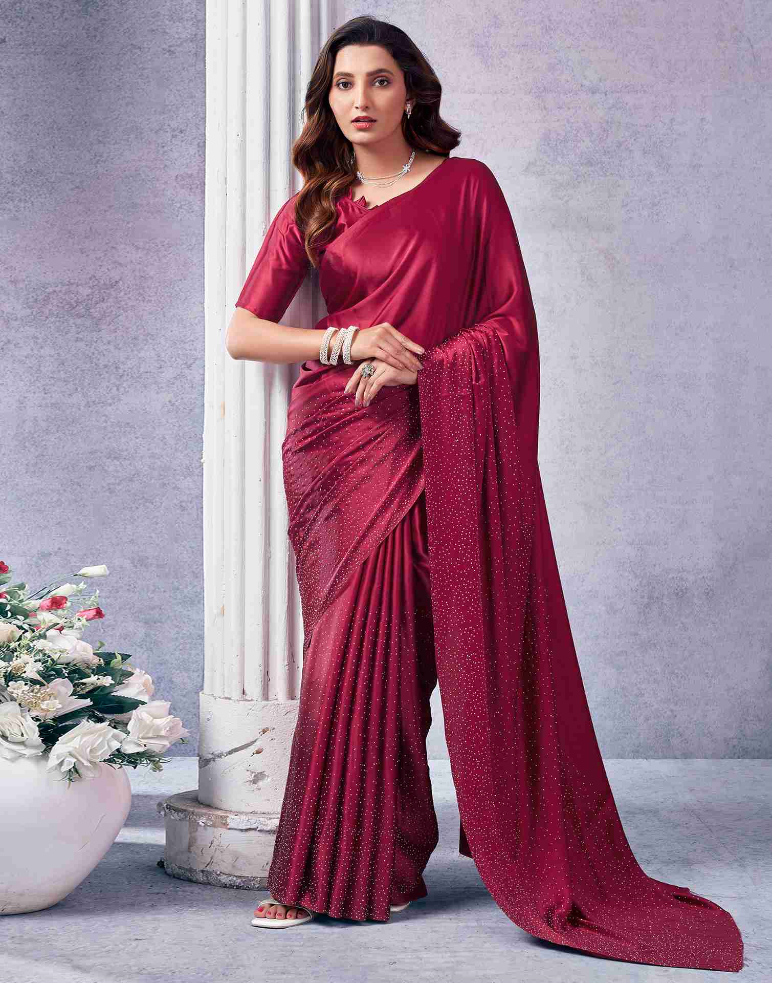 Maroon Satin Plain Saree