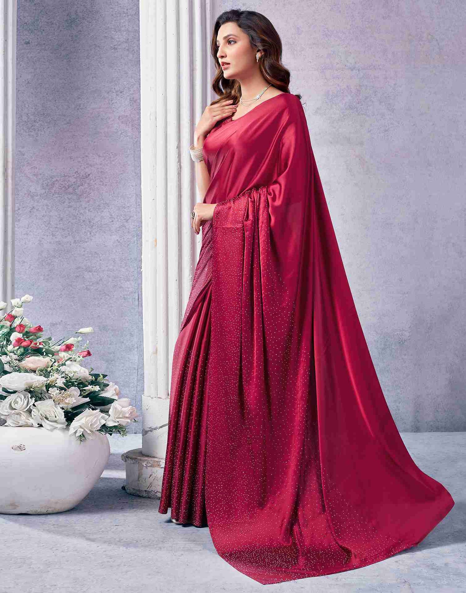 Maroon Satin Plain Saree