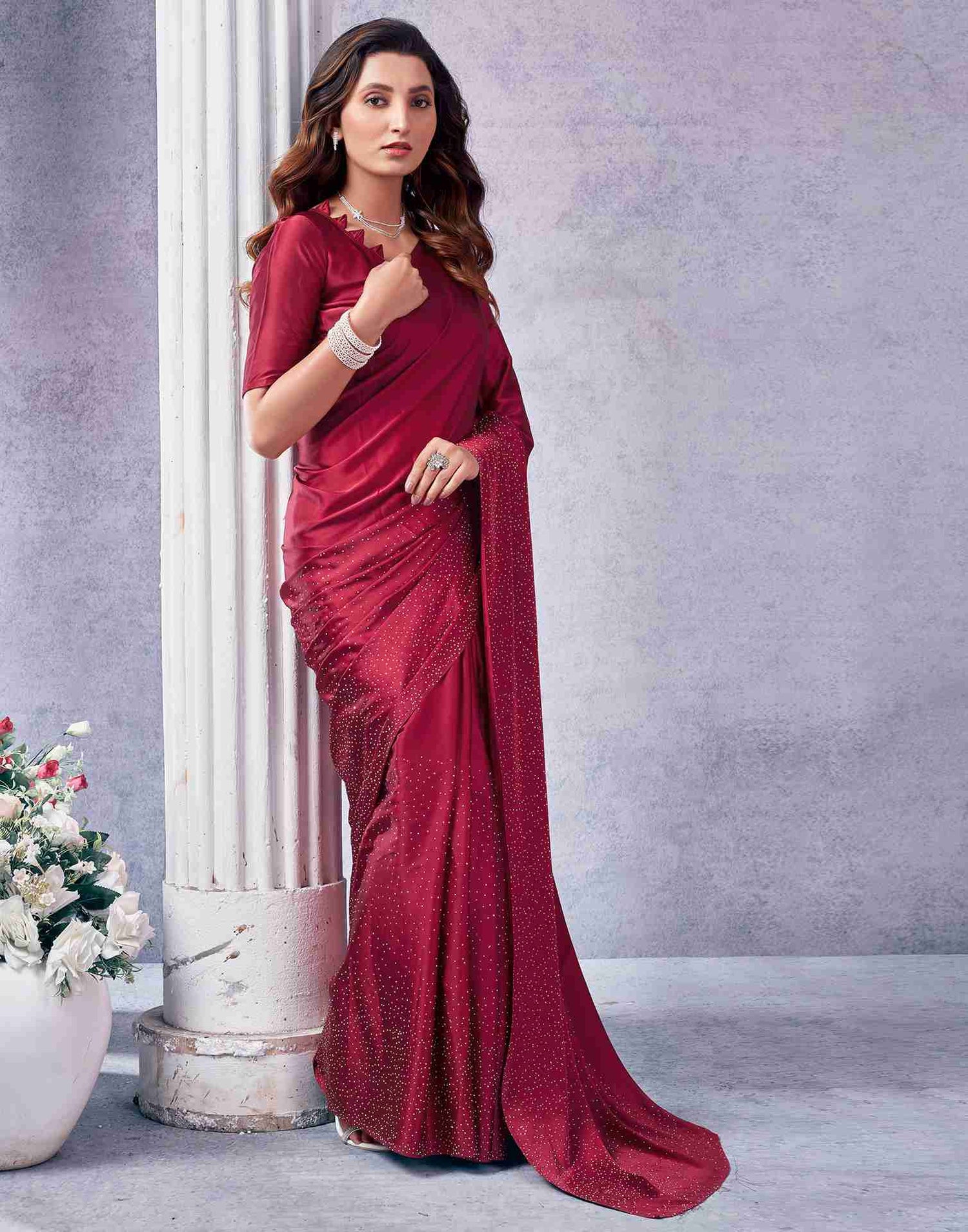 Maroon Satin Plain Saree