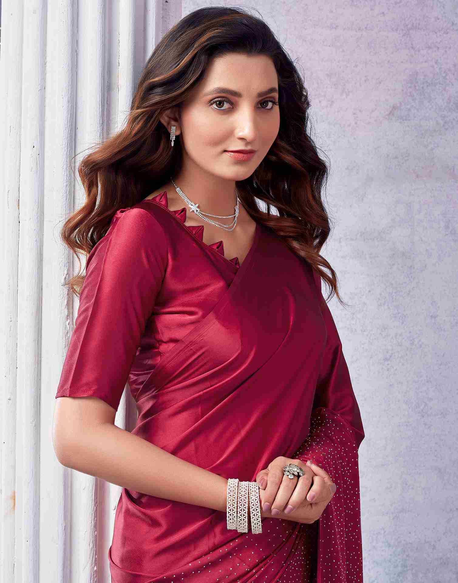 Maroon Satin Plain Saree