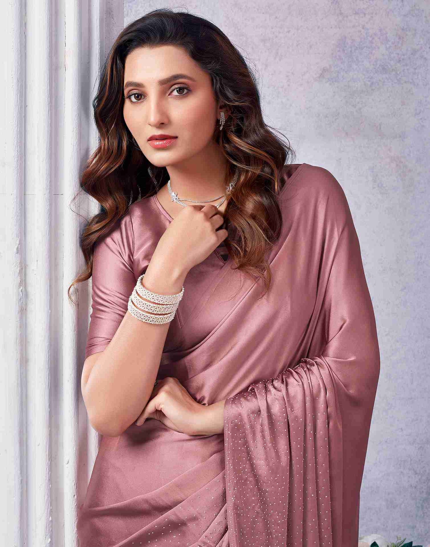 Mauve Satin Plain Saree