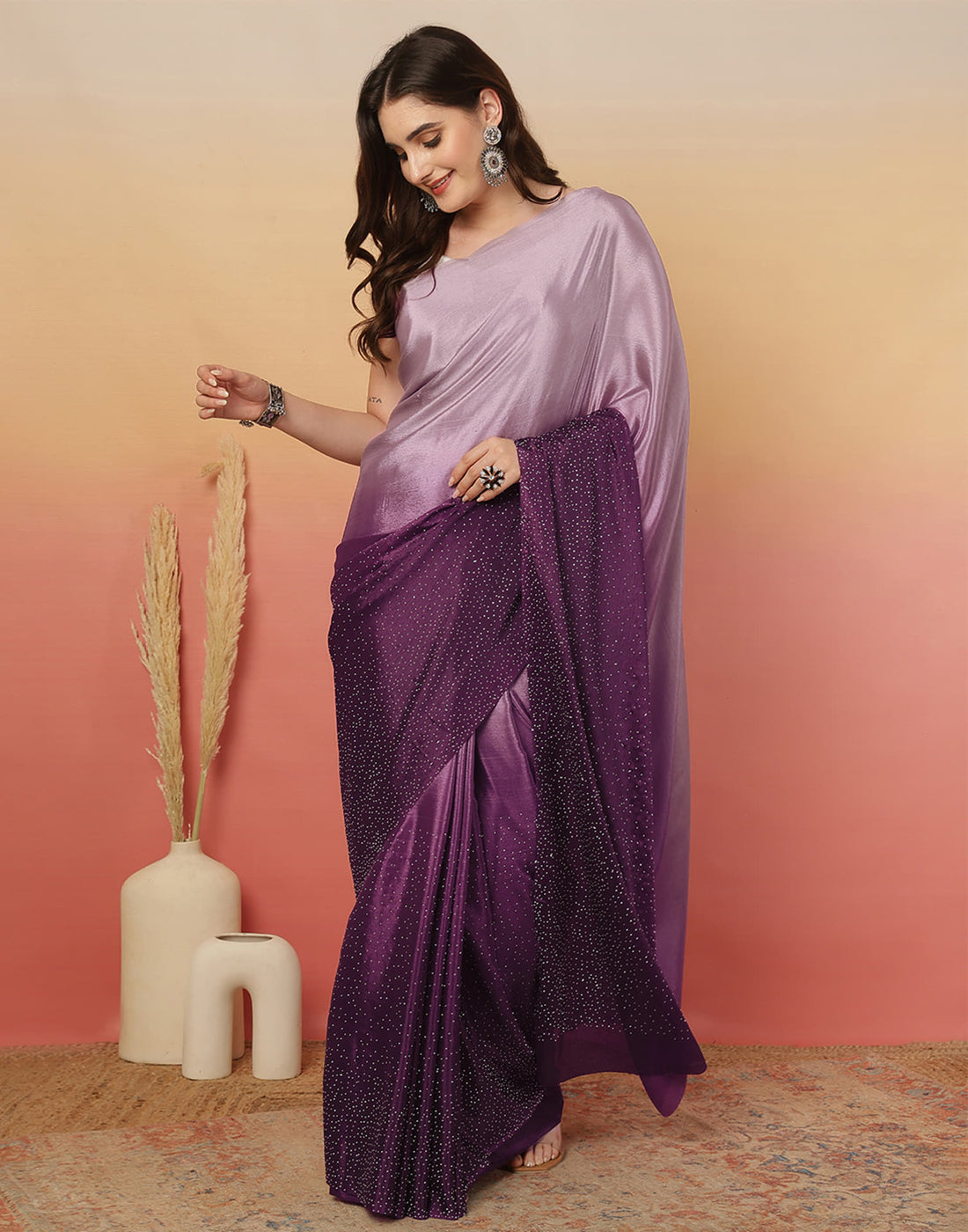 Wine Chinnon Stone Work Swarovski Saree