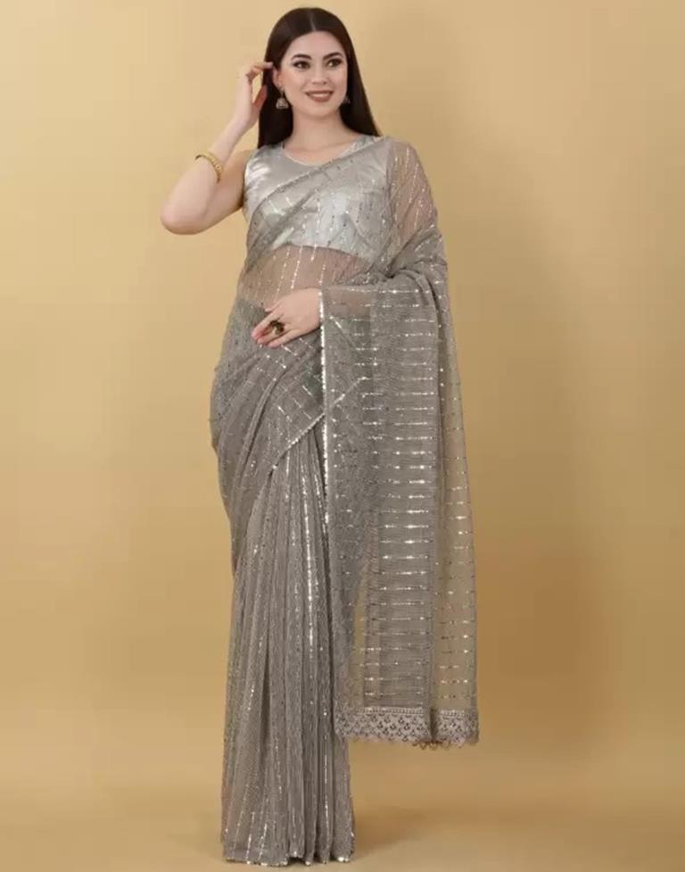 Grey Self Woven Plain Saree | Sudathi