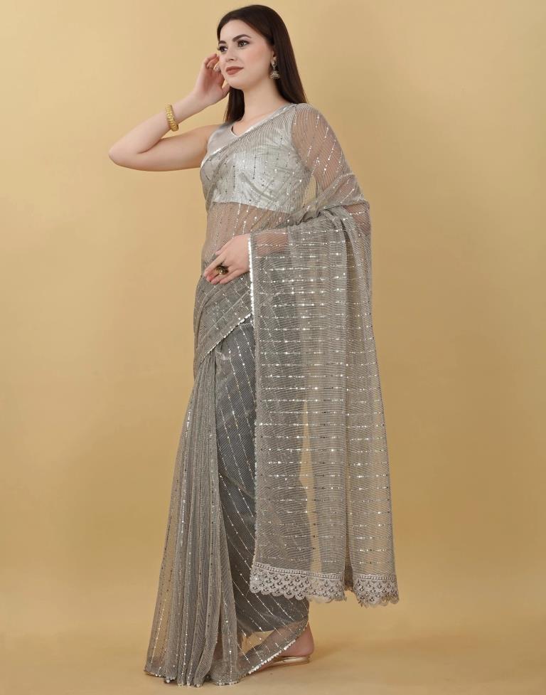 Grey Self Woven Plain Saree | Sudathi