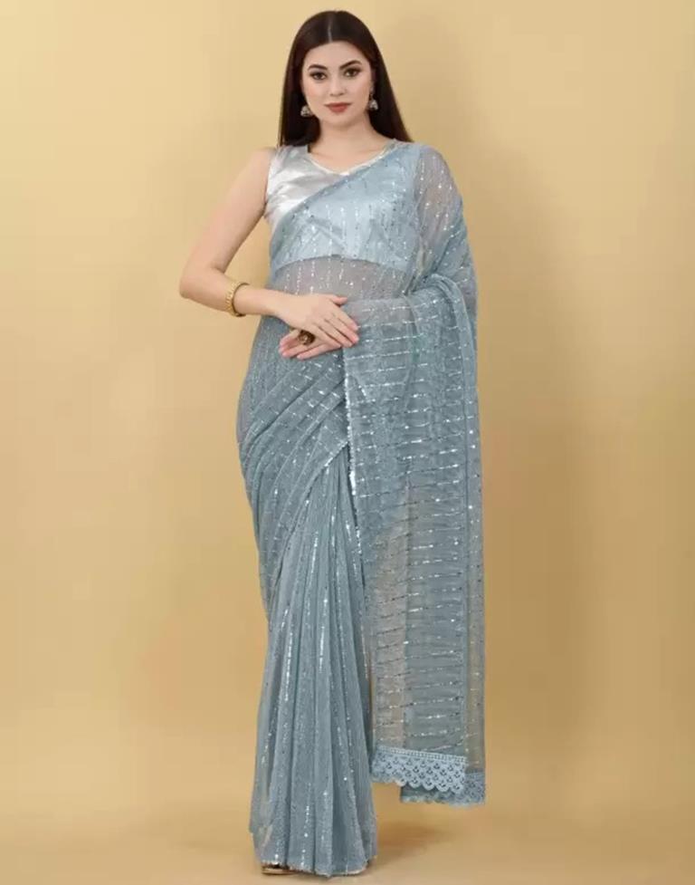 Sky Blue Self Woven Plain Saree | Sudathi