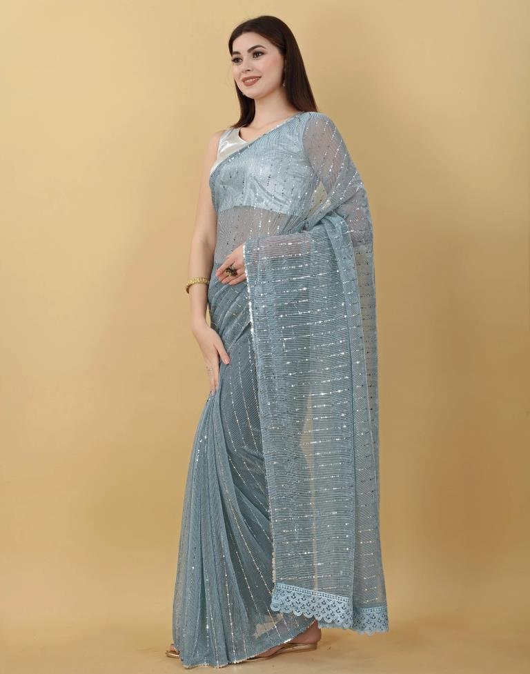 Sky Blue Self Woven Plain Saree | Sudathi