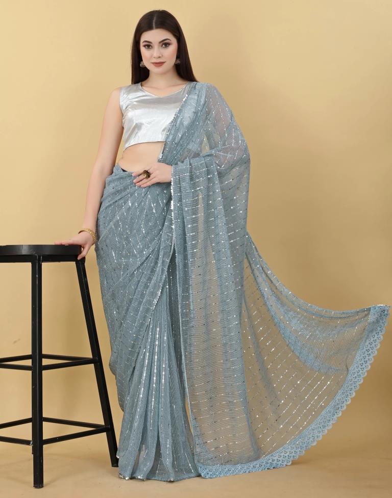 Sky Blue Self Woven Plain Saree | Sudathi