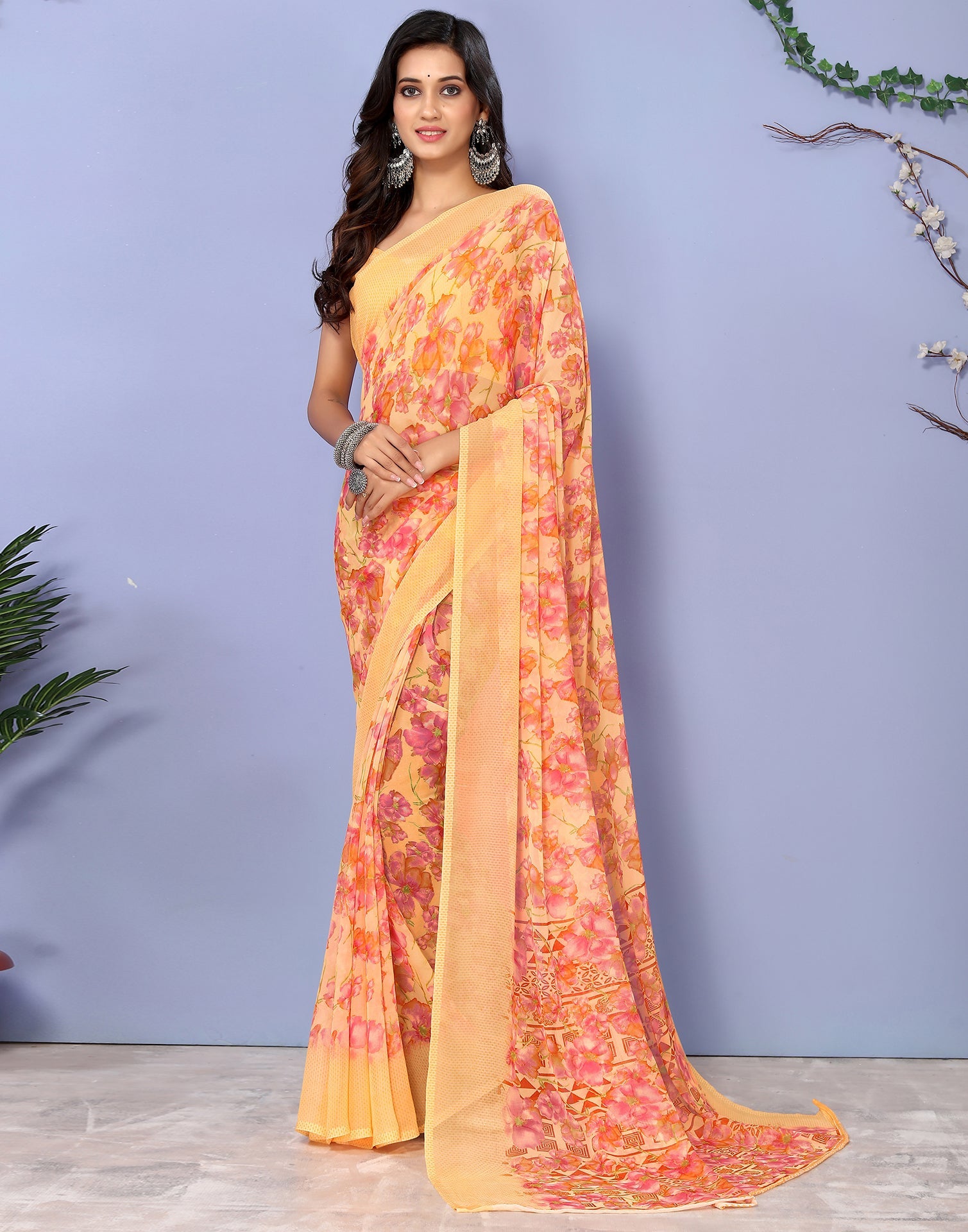 Light Orange Georgette Floral Printed Saree | Sudathi