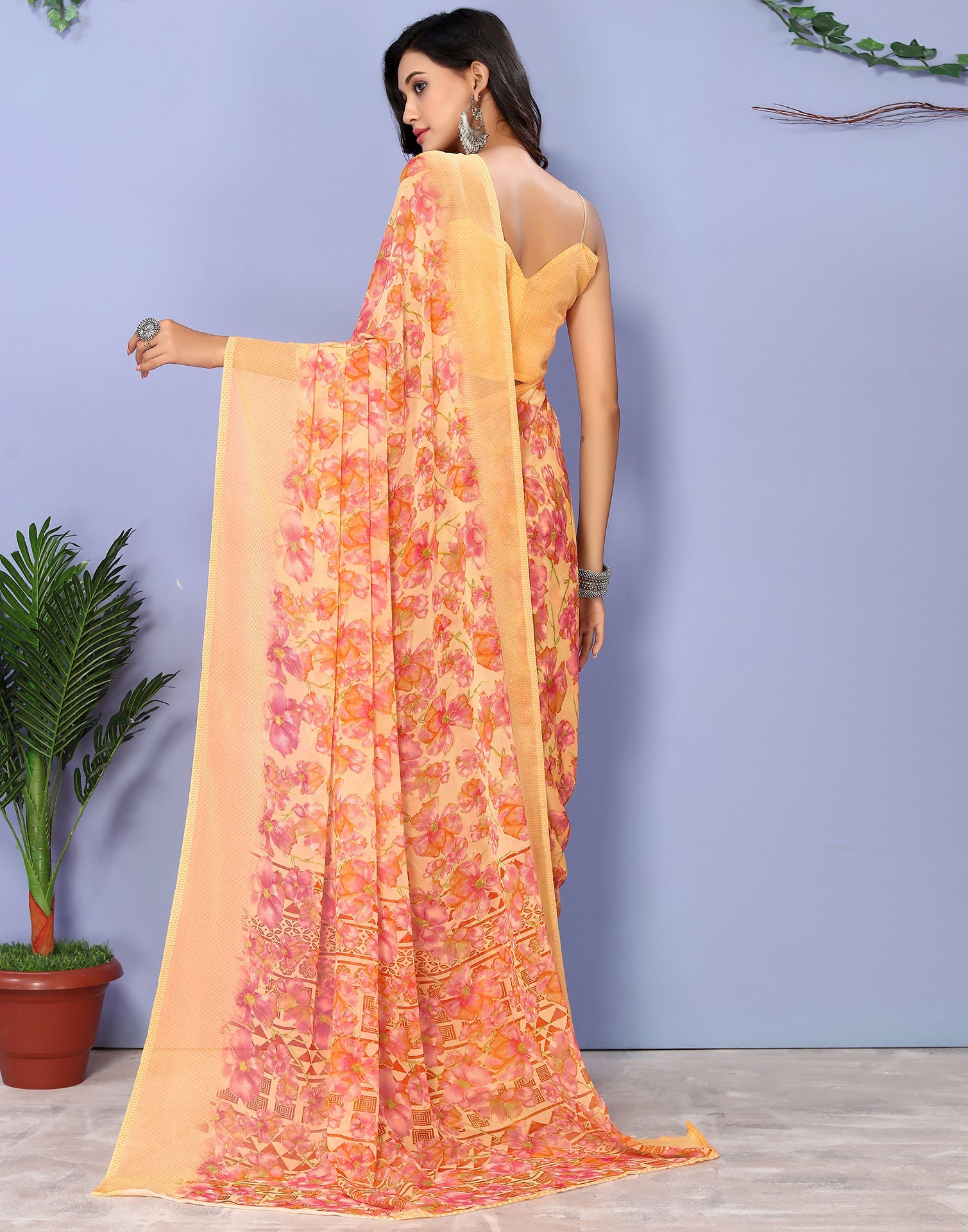 Light Orange Georgette Floral Printed Saree | Sudathi
