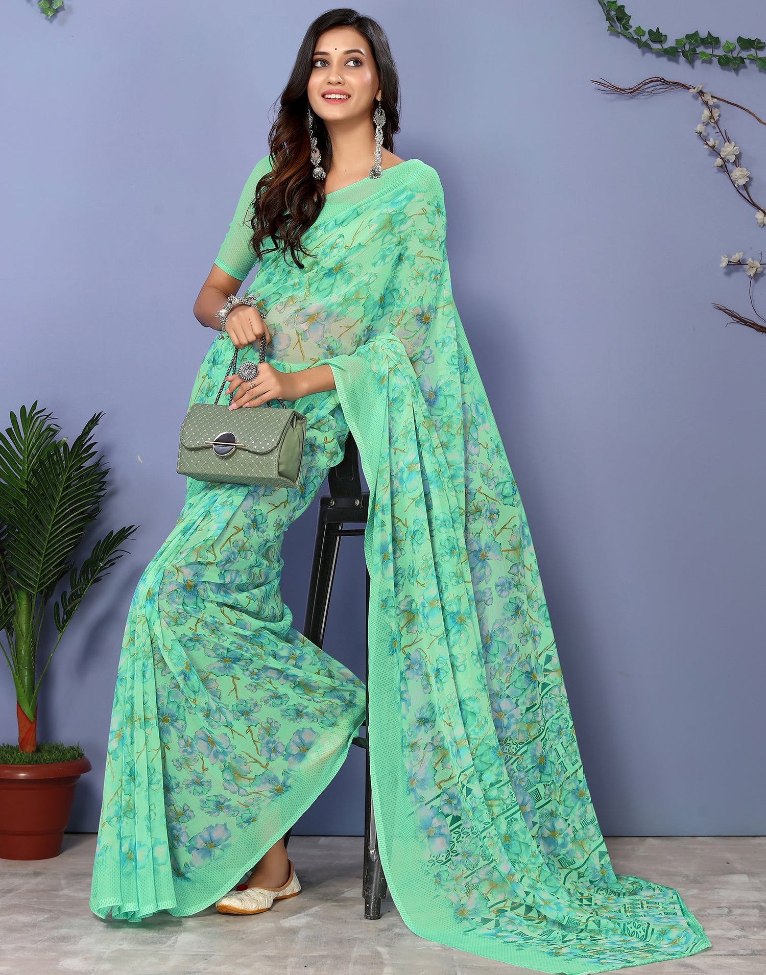 Green Georgette Floral Printed Saree | Sudathi