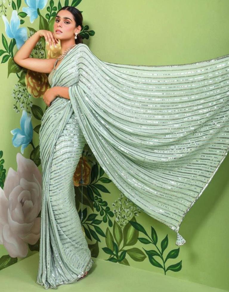 Light Green Georgette Sequence Saree | Leemboodi