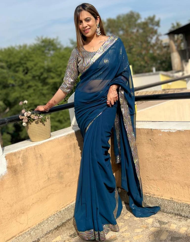 Navy Blue Georgette Plain Saree | Leemboodi