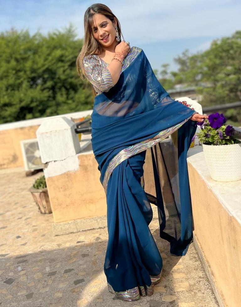 Navy Blue Georgette Plain Saree | Leemboodi