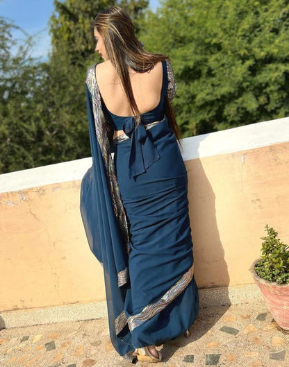 Navy Blue Georgette Plain Saree | Leemboodi