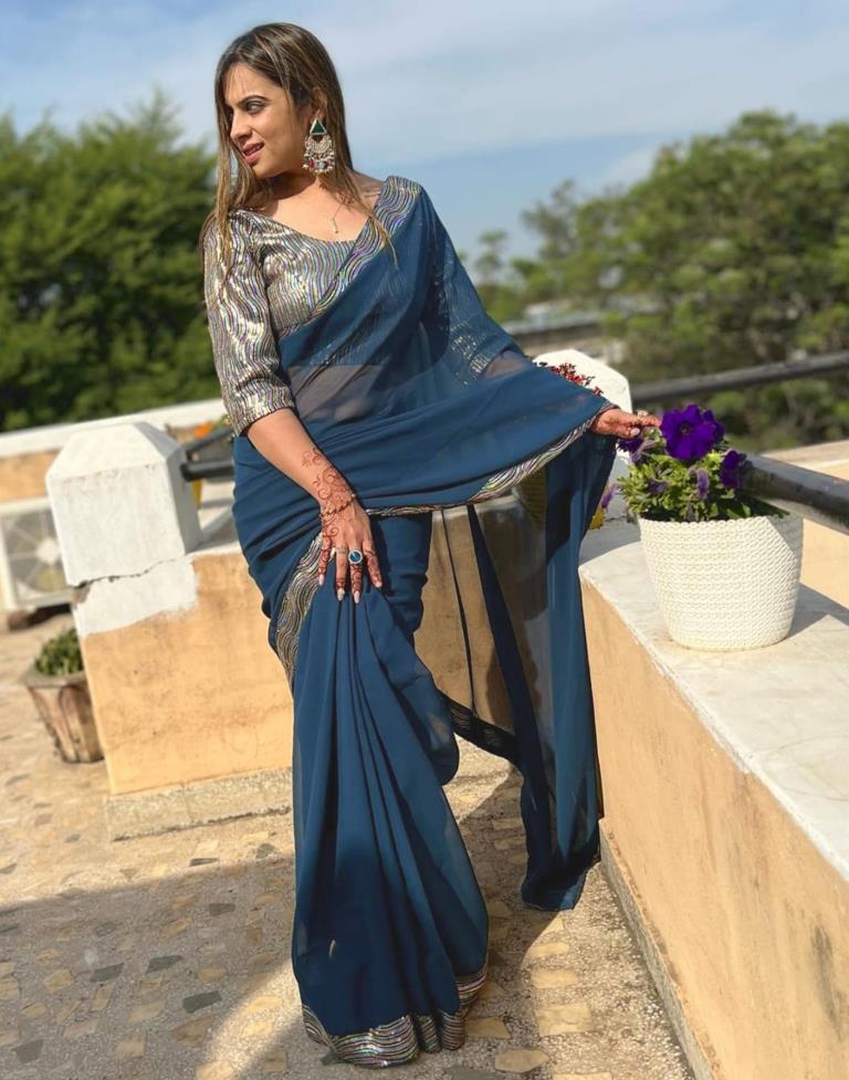 Navy Blue Georgette Plain Saree | Leemboodi