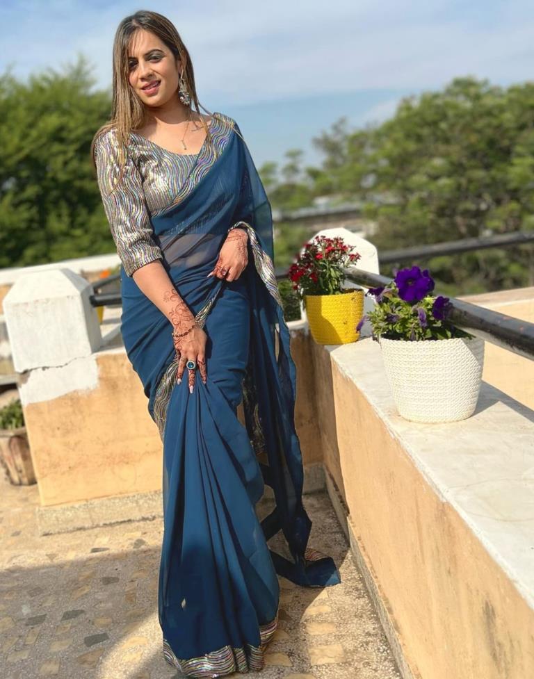 Navy Blue Georgette Plain Saree | Leemboodi