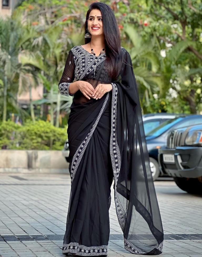 Black Georgette Plain Saree | Leemboodi